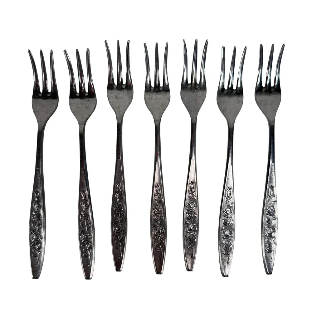 Eldan 6 Olive Cocktail Forks Set of 7 Rose Floral Embossed Japan Stainless Steel